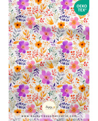 Tissu Bouquet Fleuri Fleurs et Feuillages Jaune & Mauve