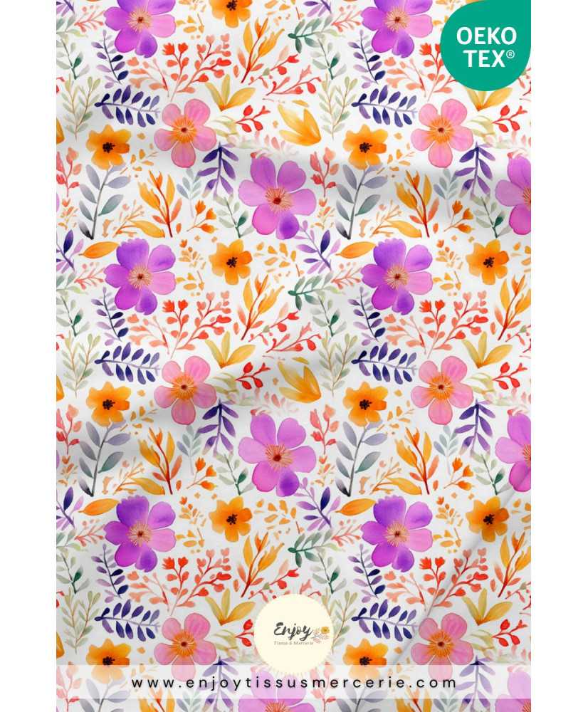 Tissu Bouquet Fleuri Fleurs et Feuillages Jaune & Mauve