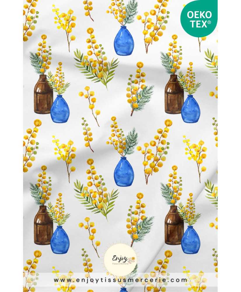 Tissu Mimosa Méditerranéen Feuillages et Fleurs