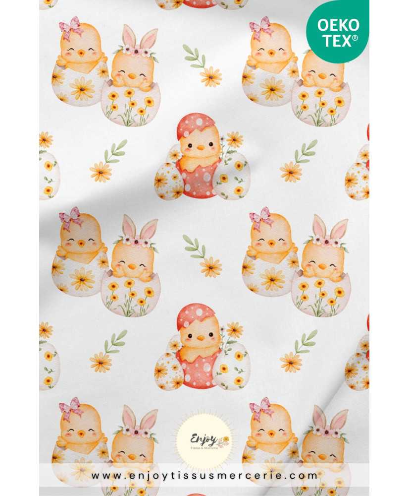 Tissu Petits Poussins et Lapins de Pâques